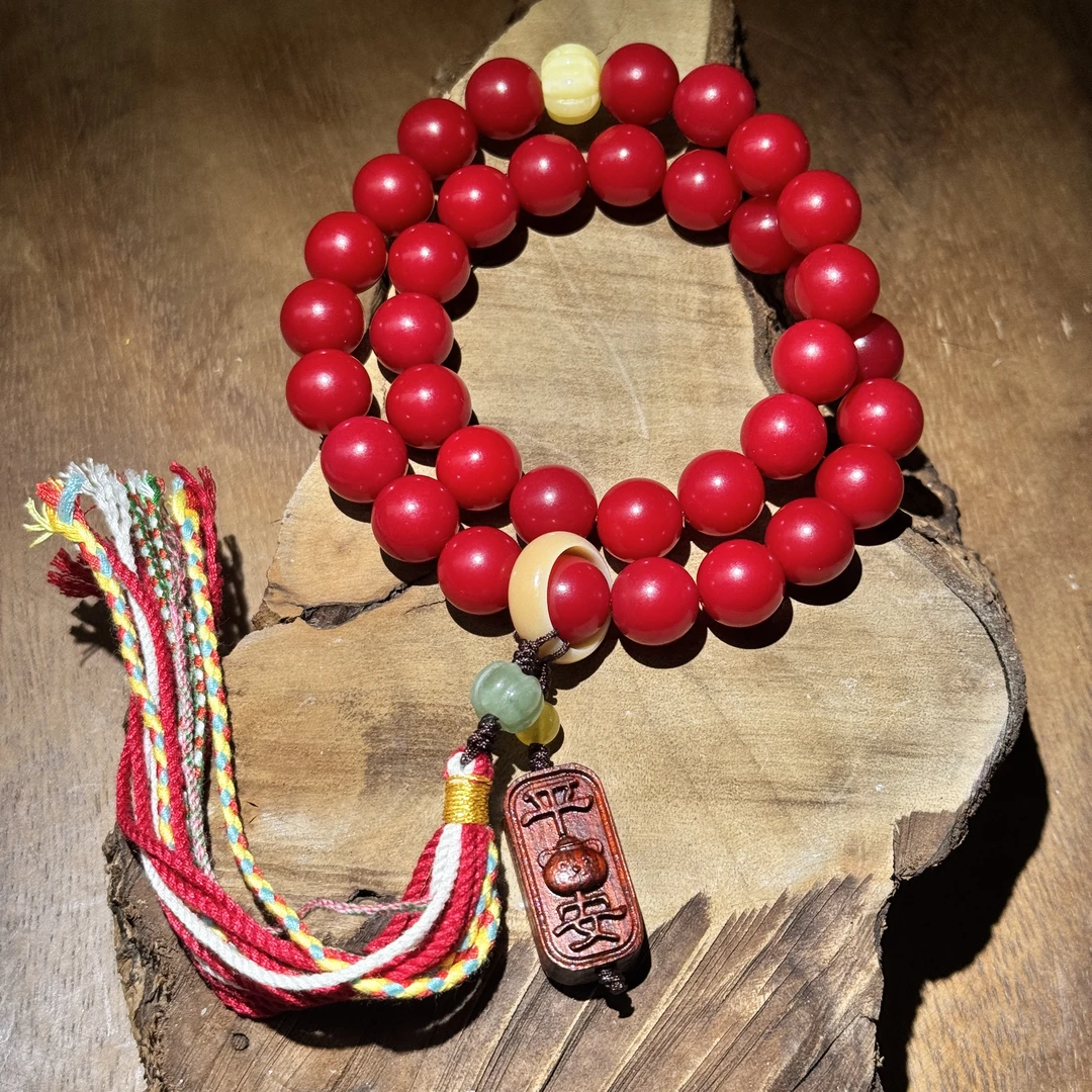 红菩提12mm双圈手持+跑环+五彩绳+平安木坠（无礼盒）K340