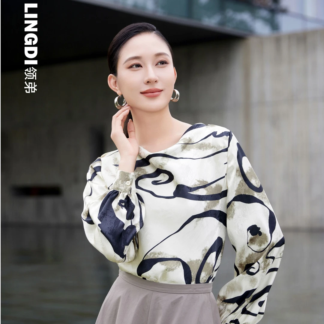 LINGDI领弟2025春季新品气质印花水墨画落领衬衣31512032