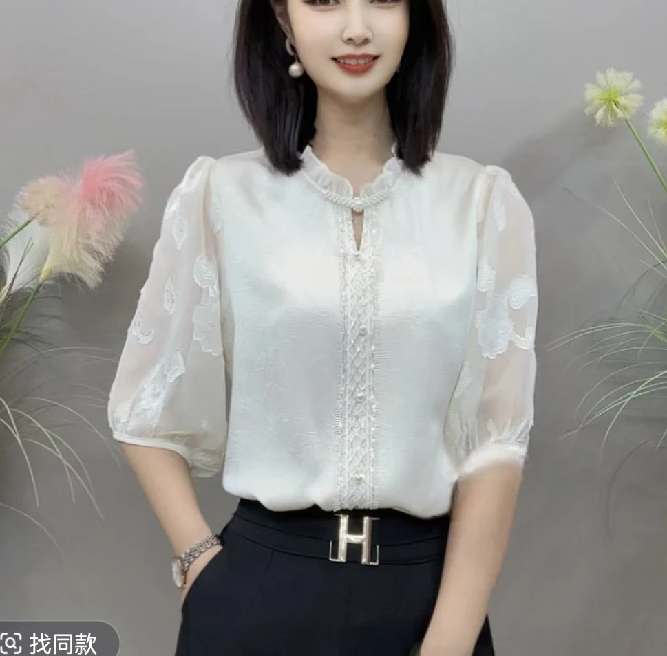 夏季经典小花边领拼接蕾丝五分袖款气质百搭衬衫