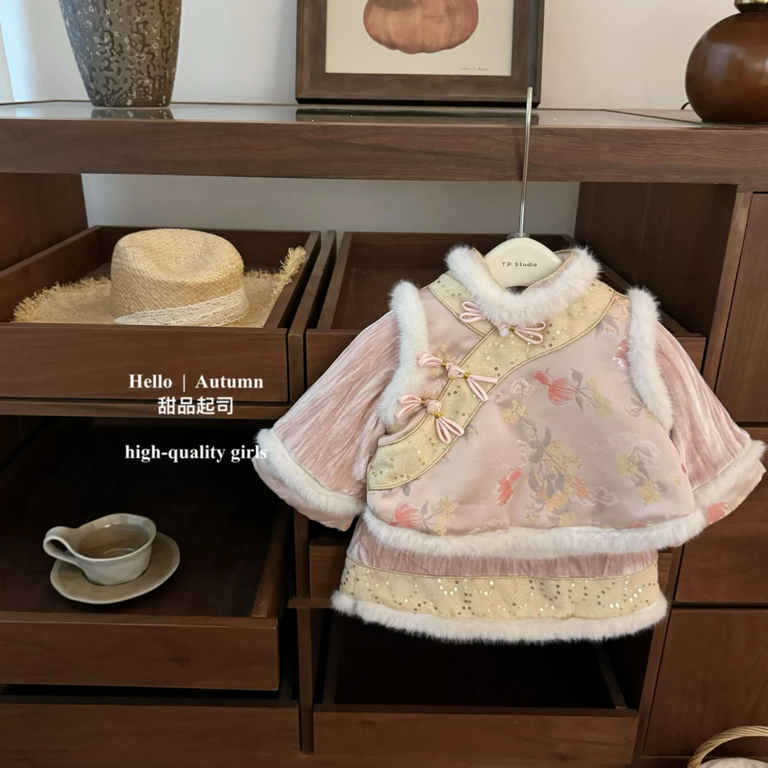 【甜品起司】桃桃纳福！女童国风新中式加厚新年服刺绣丝绒亮片套装