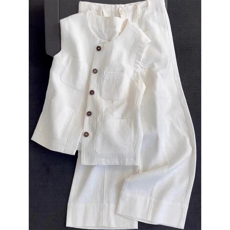 老钱风白色亚麻套装女夏季高级感时尚休闲马甲阔腿裤两件套小个子