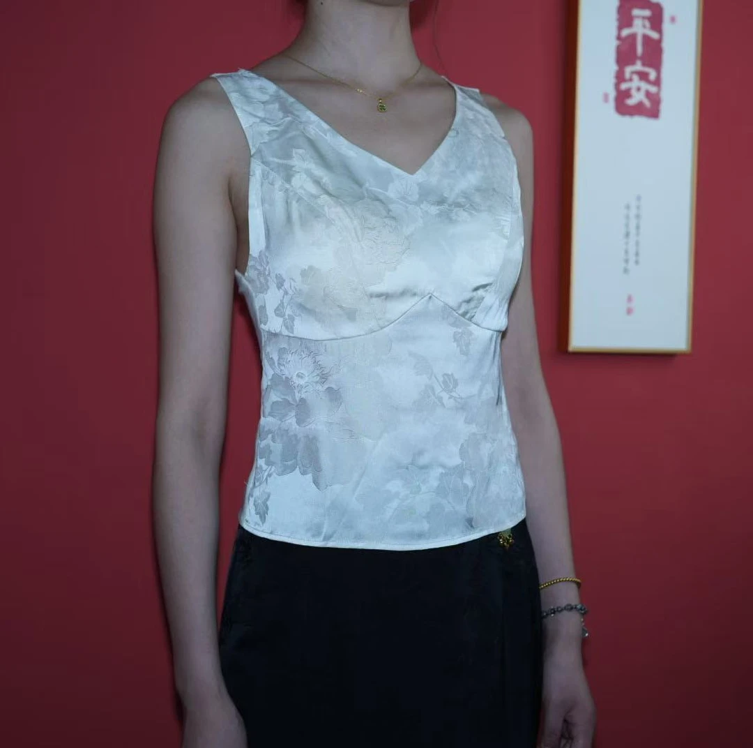 V领时尚丝绸美背吊带桑蚕丝新中式