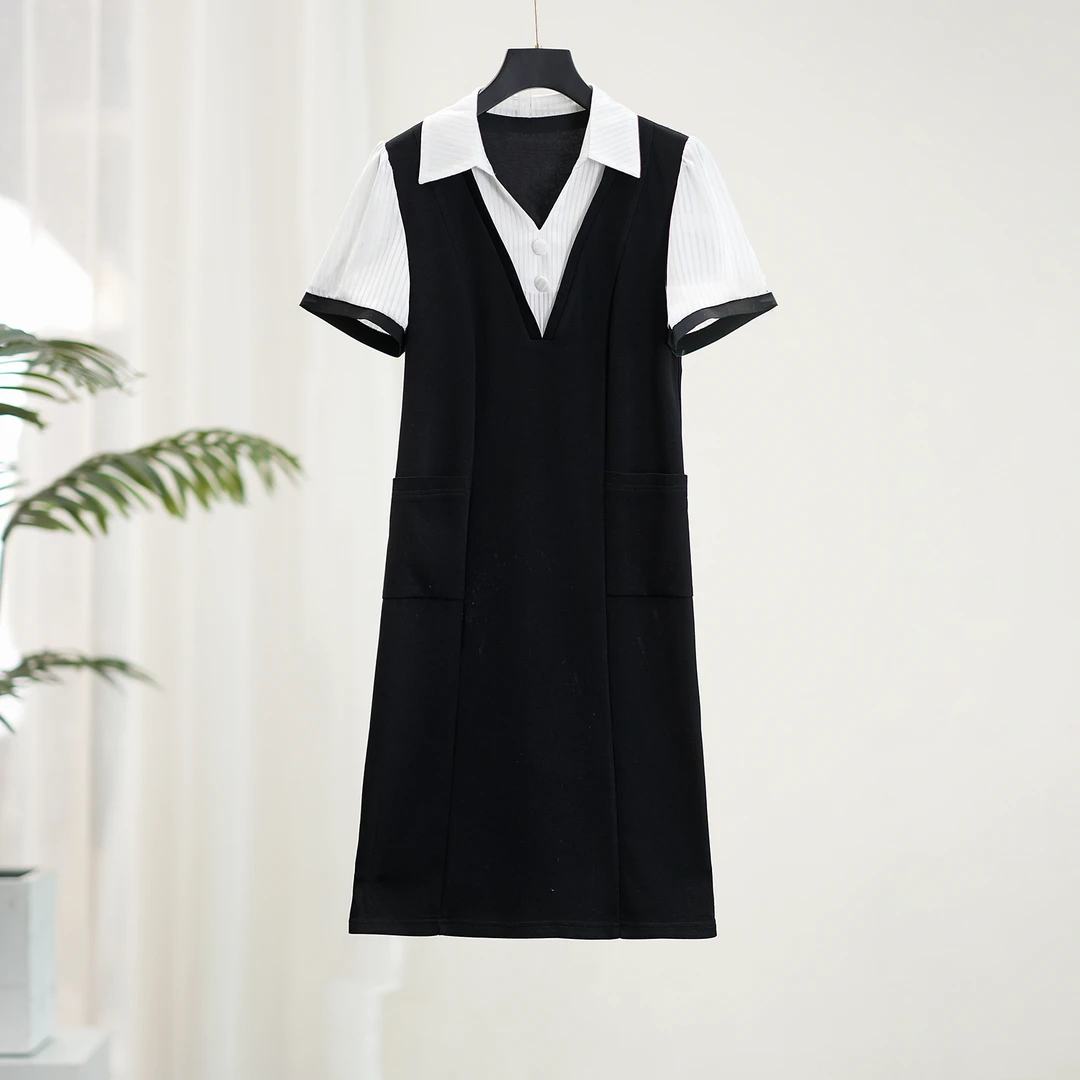 【夏季新款】气质极简风翻领撞色减龄显瘦假两件连衣裙CS5828裙长95