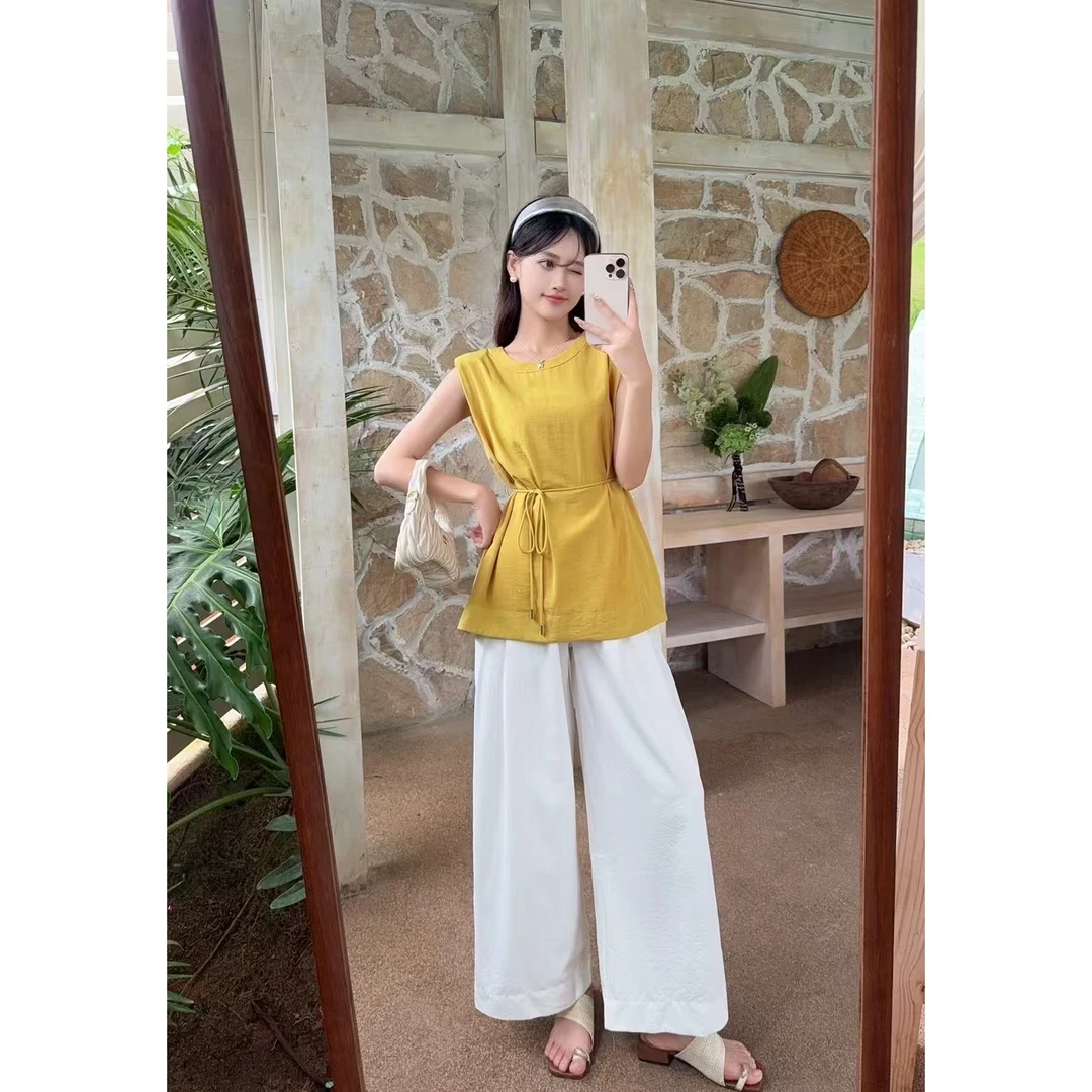 A392 夏季新款圆领系腰带无袖衬衫+松紧腰阔腿裤两件套套装