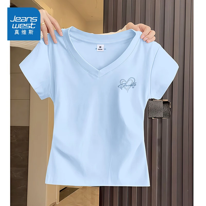 真维斯抗菌短袖t恤女2025新款薄款小个子修身显瘦v领洋气衣服女装