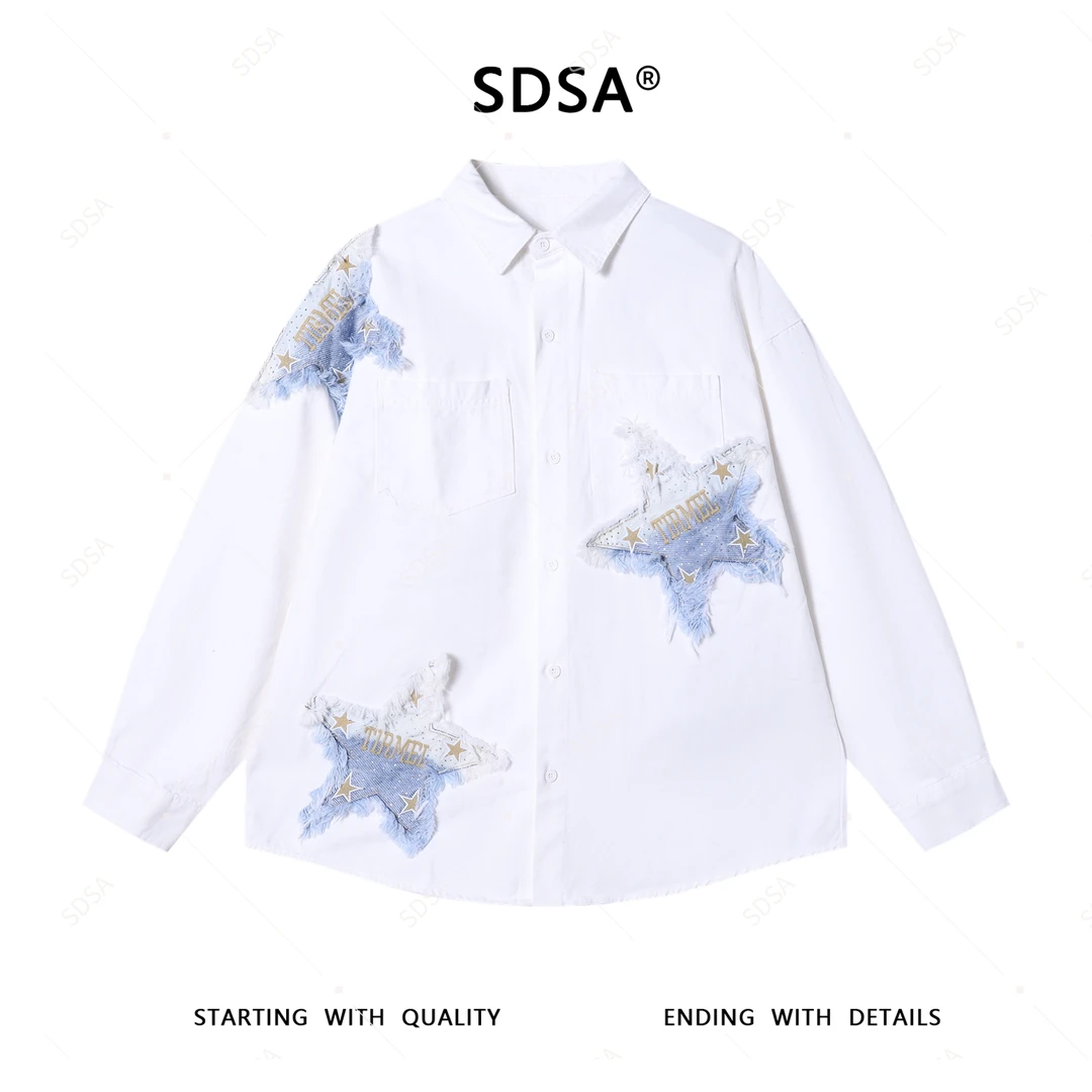 SDSA男士秋冬新款轻奢痞帅男装重工贴布星星长袖衬衫刺绣百搭衬衣