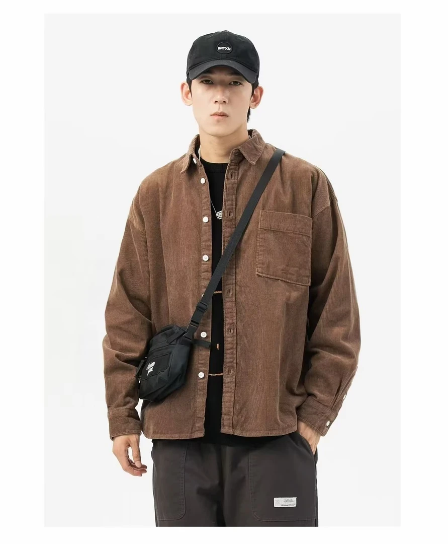 灯芯绒潮流潮衬衫简约男气质纯色标准原宿青春流行长袖百搭春季