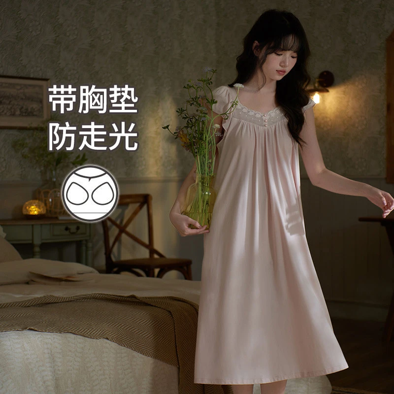 维多利亚2025年新款莫代尔棉睡裙女夏季甜美风洋装带胸垫睡衣长裙