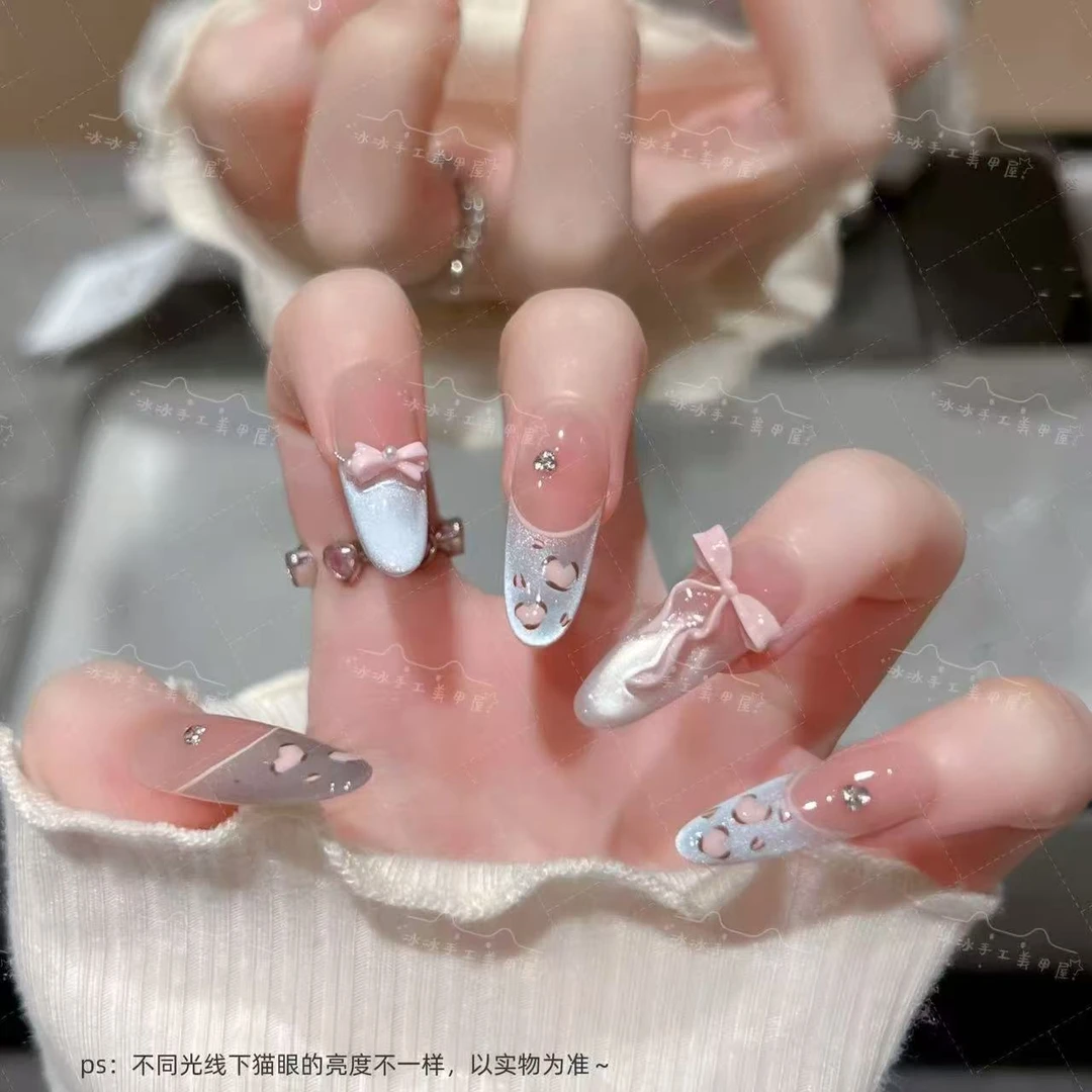 【奶蓝小豹】海盐法式渐变蝴蝶结手工穿戴甲显白气质