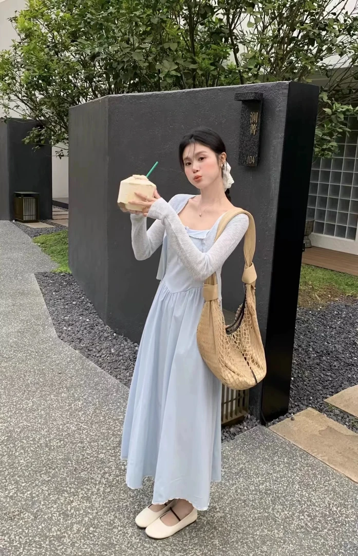 温柔初恋收腰甜美蝴蝶结拼接方领吊带连衣裙2025新款夏季爆款A73