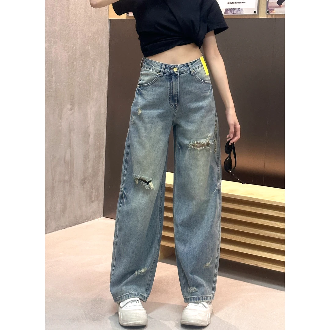 DIDI【小黄标】夏季薄款破洞透气字母刺绣褶皱工艺设计感宽松直筒裤