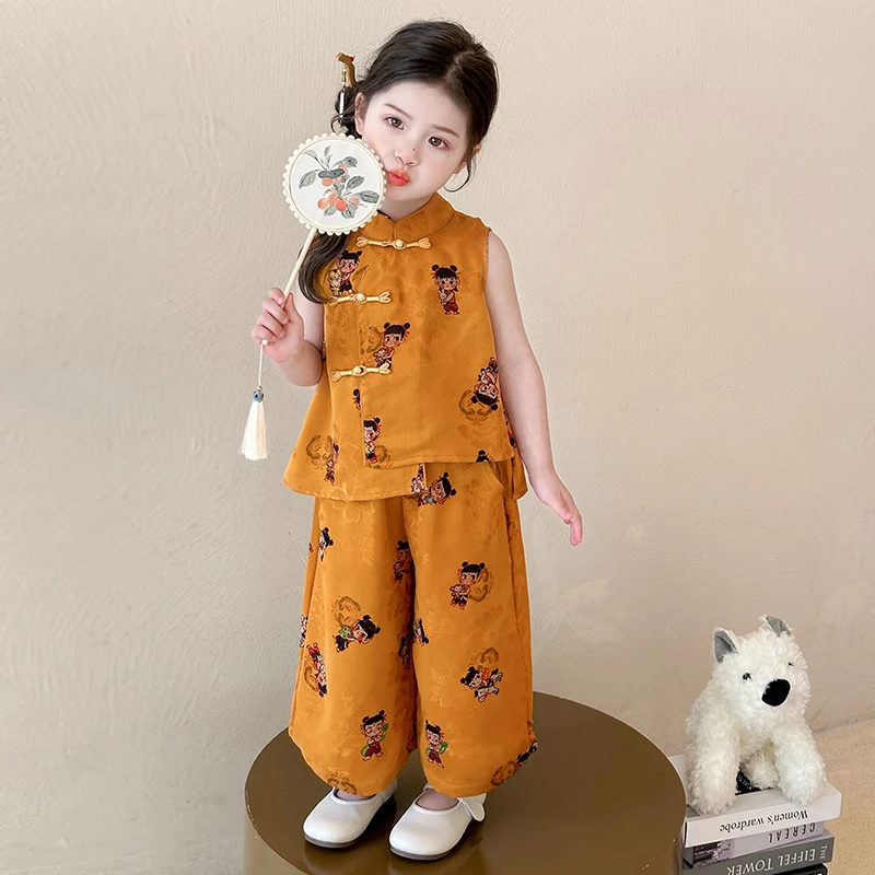 女童国风哪吒套装夏季新款儿童新中式盘扣无袖汉服女宝夏装两件套