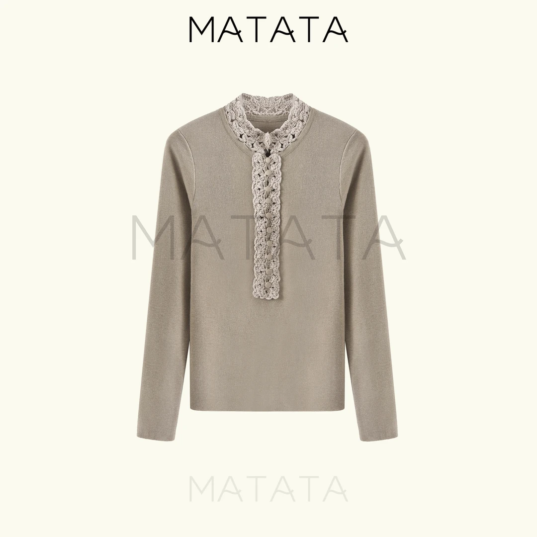 【坨坨耶】莫奈灰咖色特殊手工钩花纽扣混纺毛织上衣