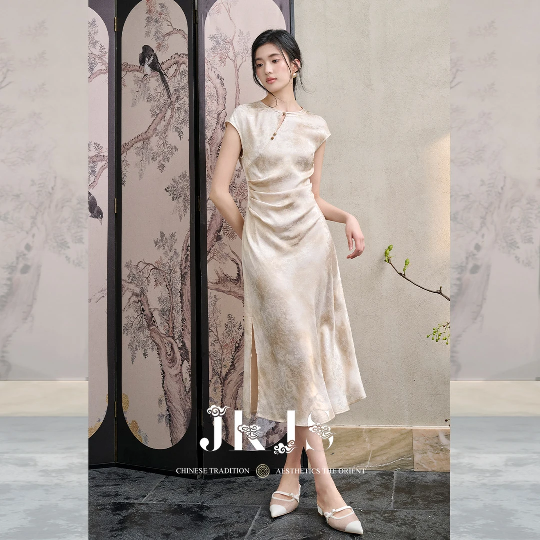 JKJS【黛月谣】人丝亚麻新中式连衣裙旗袍2025新款修身夏季长裙女