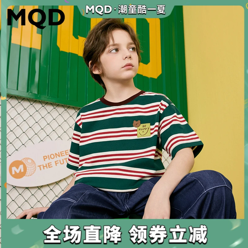 MQD童装25夏季新品学院风中大童条纹潮酷休闲短袖T恤9652W0309
