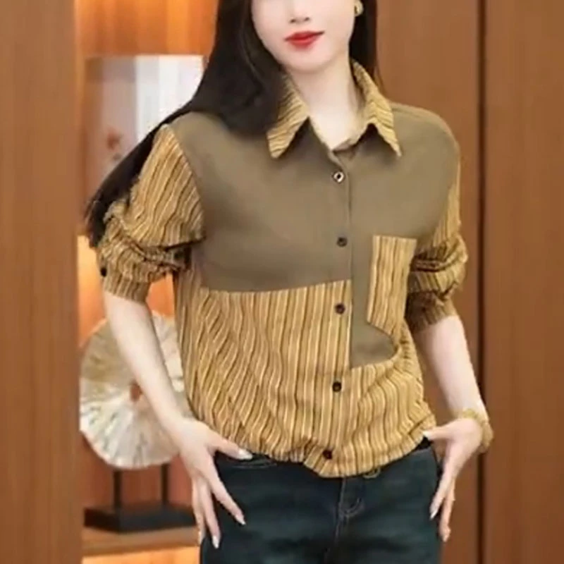 秋季新款条纹拼接衬衫女时尚洋气减龄职业设计感撞色通勤休闲上衣