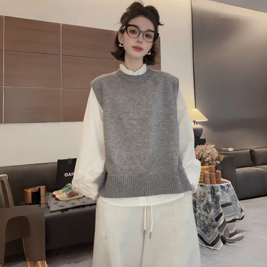 洋气减龄灰色毛衣马甲女装2025秋冬新款学院风时尚背心针织衫上衣