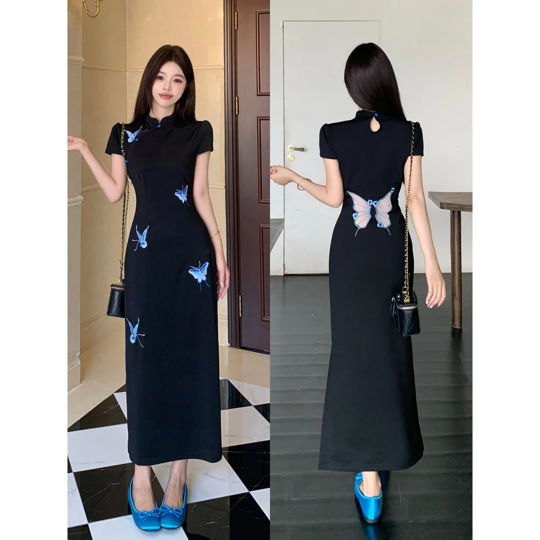 大码胖mm蝶梦令2025夏季新中式镂空网纱蝴蝶刺绣气质连衣裙裙子女