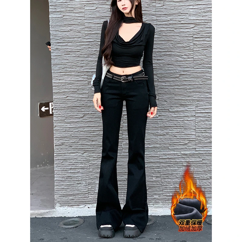 黑色低腰辣妹加绒微喇牛仔裤女2025年冬季新款修身百搭显瘦马蹄裤