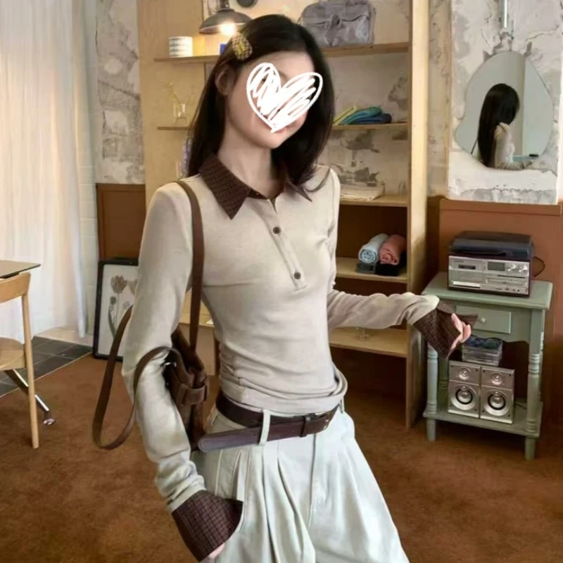 2025新款秋季设计感小众长袖T恤奶茶色调咖色格子拼接假两件上衣