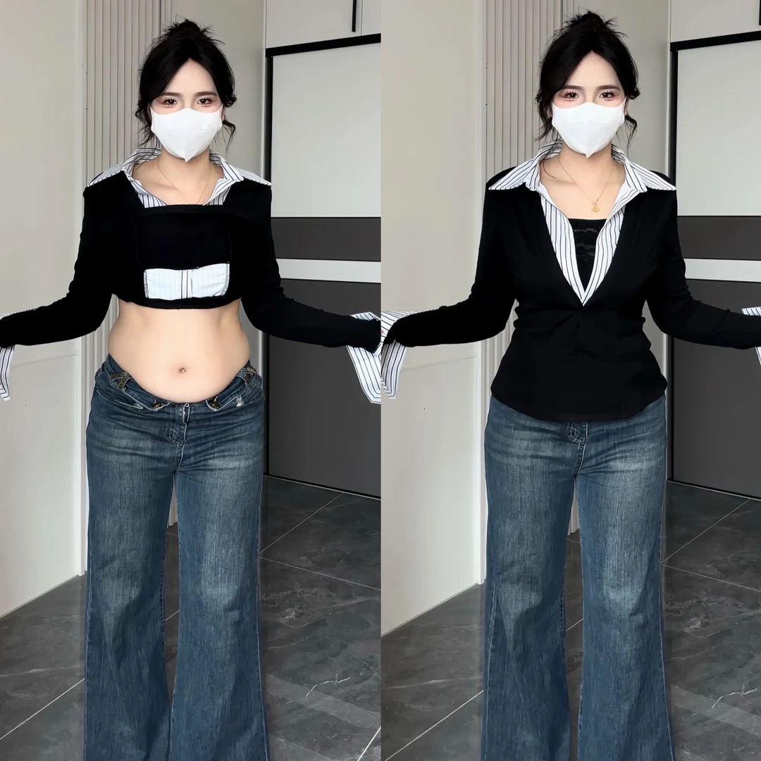 大码胖mm条纹拼接假两件长袖T恤女秋冬新款修身显瘦撞色辣妹上衣