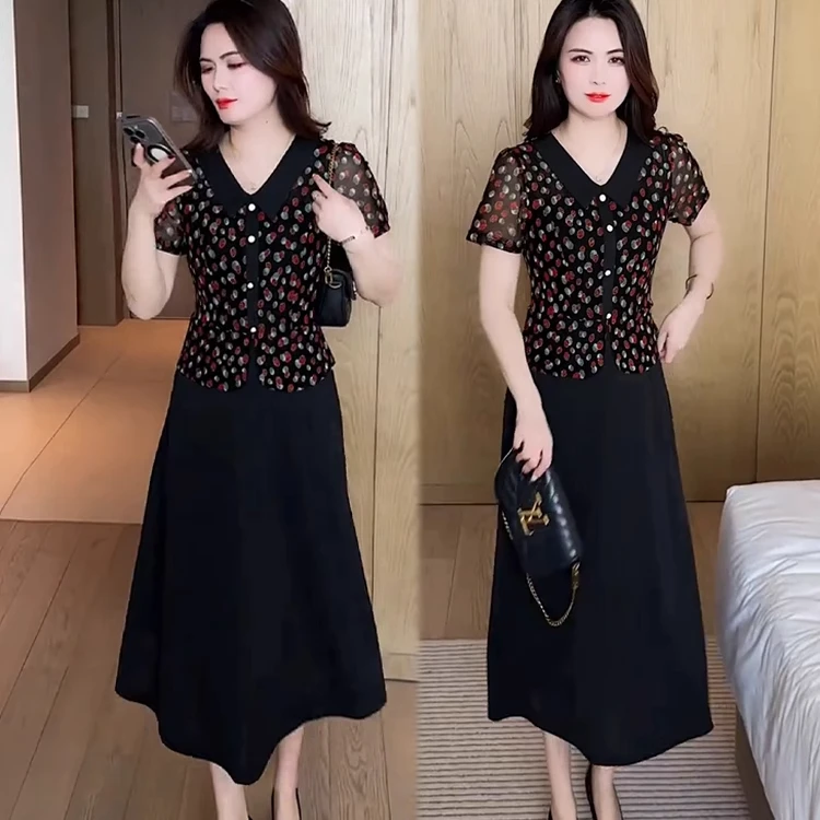 假两件连衣裙2025夏季新款印花修身显瘦洋气妈妈装短袖中长款裙子