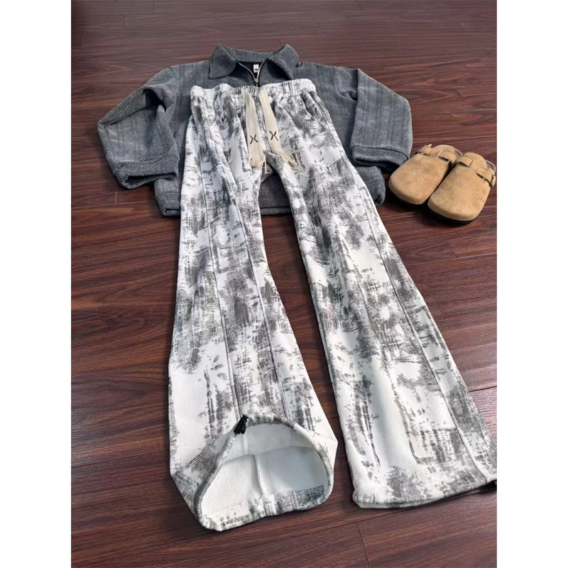 美式高街扎染裤子男款秋冬加绒加厚设计感休闲裤垂感宽松直筒长裤