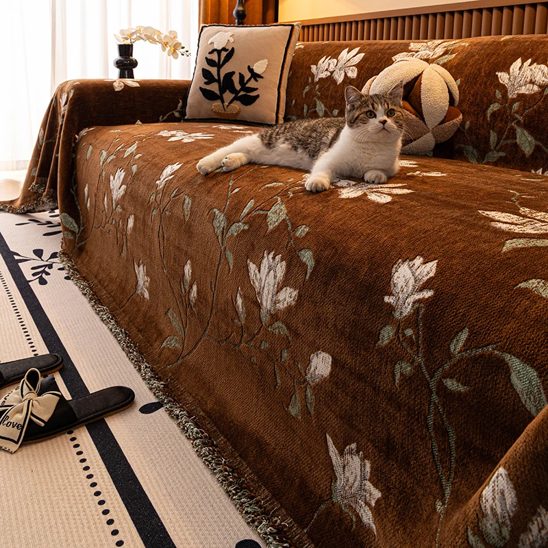秋冬加厚复古貂绒沙发盖布轻奢高级一片式保暖防猫抓防滑沙发巾罩