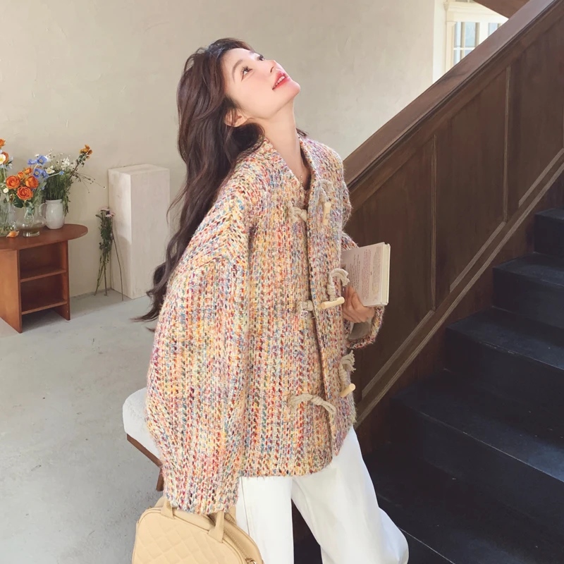 彩虹编织小香风牛角扣外套女2025年秋冬新款韩系法式小众宽松上衣