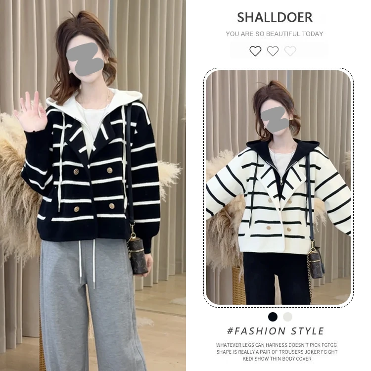 2025年早秋新款韩版时尚高级感条纹设计感上衣女小个子假两件外套