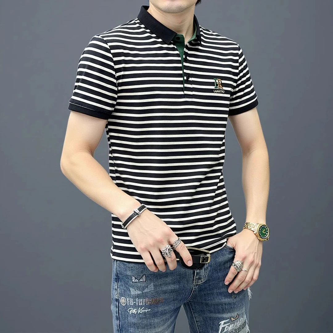 欧货潮牌男士条纹刺绣徽章polo衫时尚夏季男短袖高端修身显瘦T恤