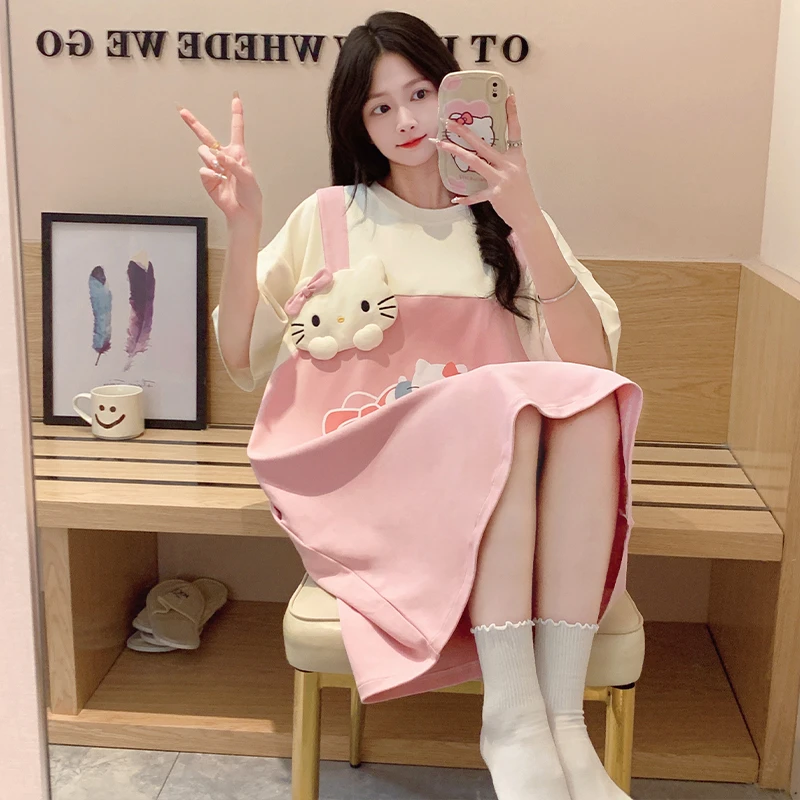 纯棉睡裙女款夏季卡通夏天薄款短袖可外穿睡衣女春秋款家居服女生