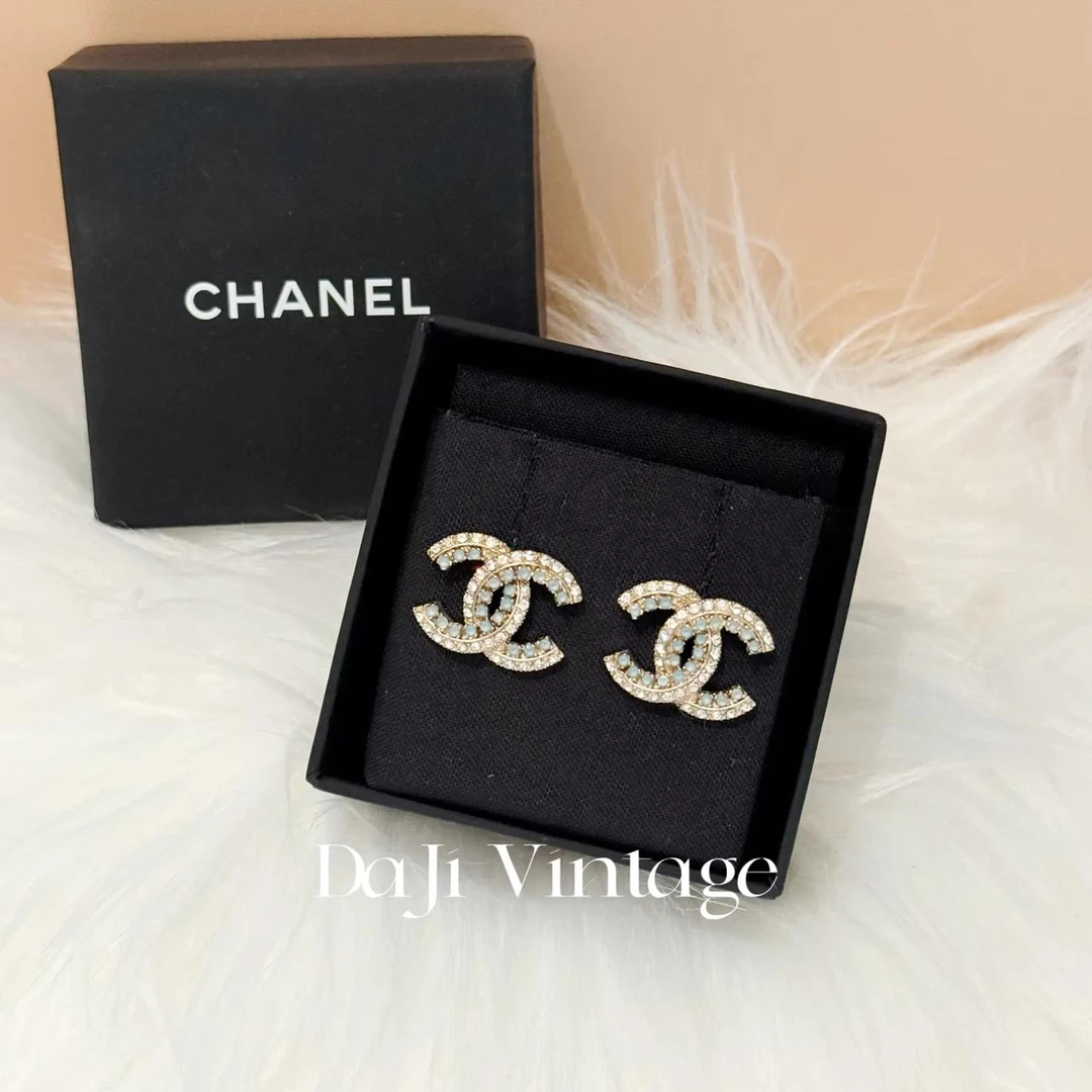 大吉中古/Chanel香奈儿双c绿金带钻耳钉