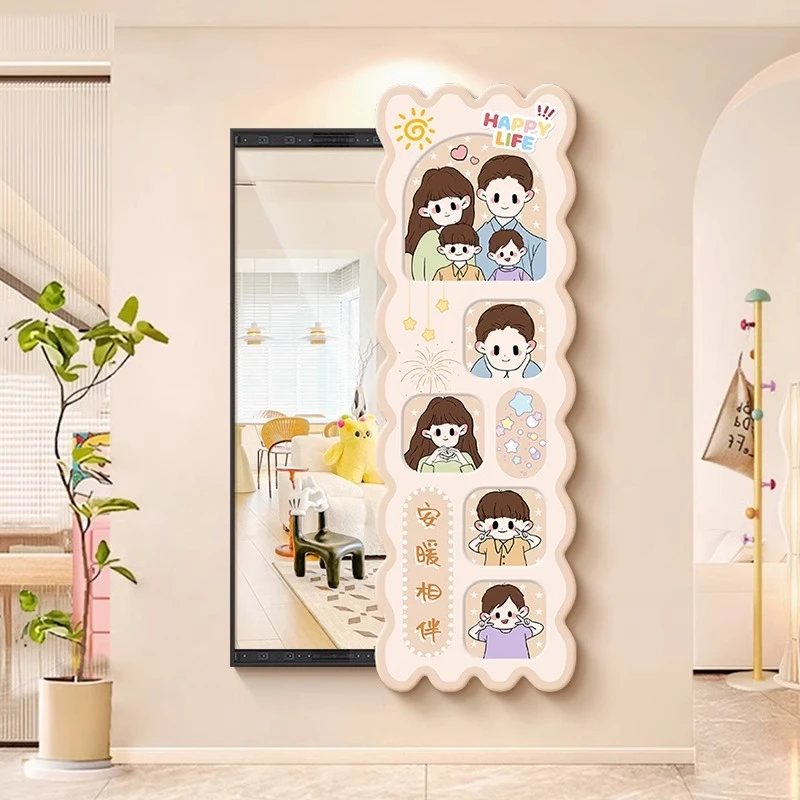 奶油风隐藏式全身镜穿衣镜挂画玄关装饰画一家三口推拉式镜子画