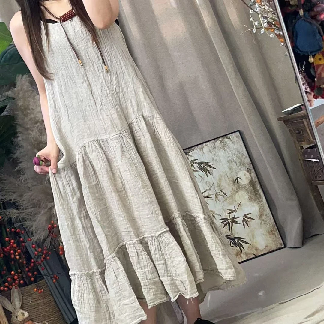 （忆南）2503高订款机理皱麻吊带蛋糕裙（裙长120胸围110）