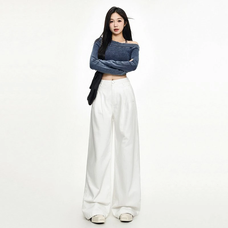 美式复古高腰宽松阔腿裤2025新款褶皱垂感直筒牛仔裤女K00072