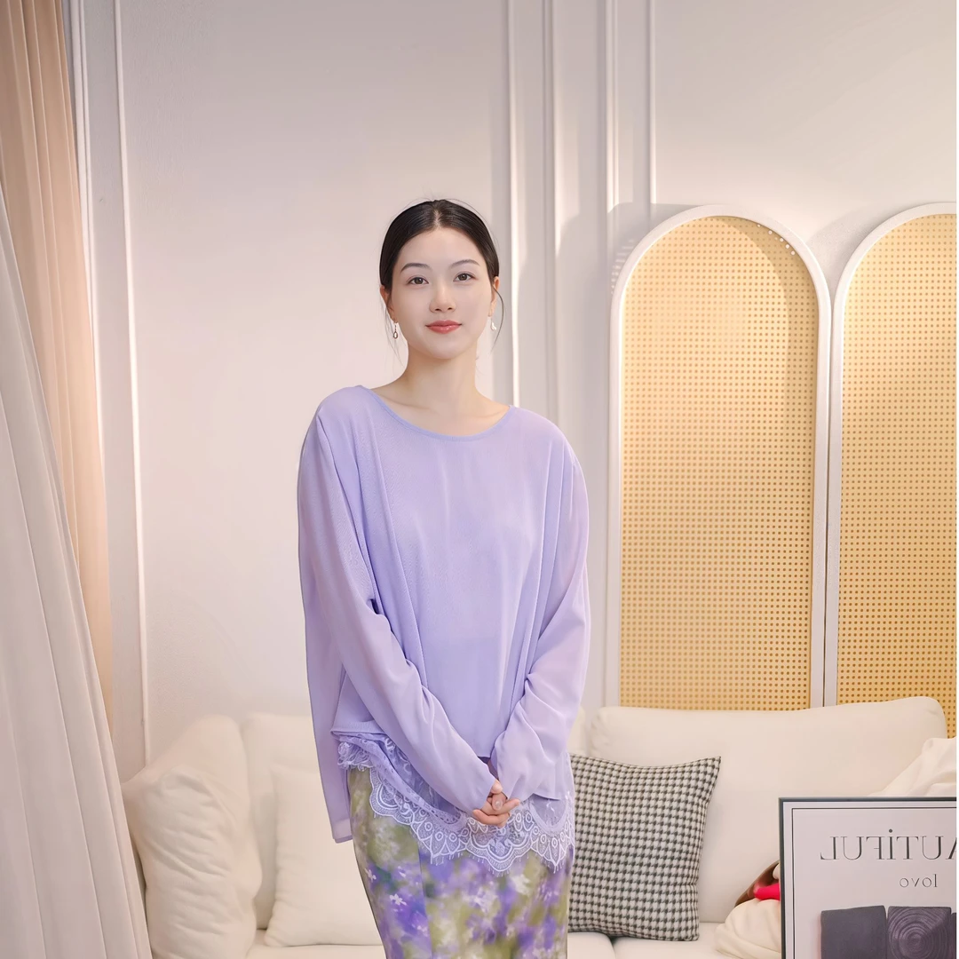 透气休闲圆领休闲风蕾丝拼接设计感薄款长袖韵味紫色女衬衫JL5535