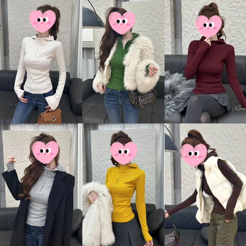 2025秋冬新款韩版叠穿神器半拉链连帽长袖上衣德绒磨毛加厚打底衫