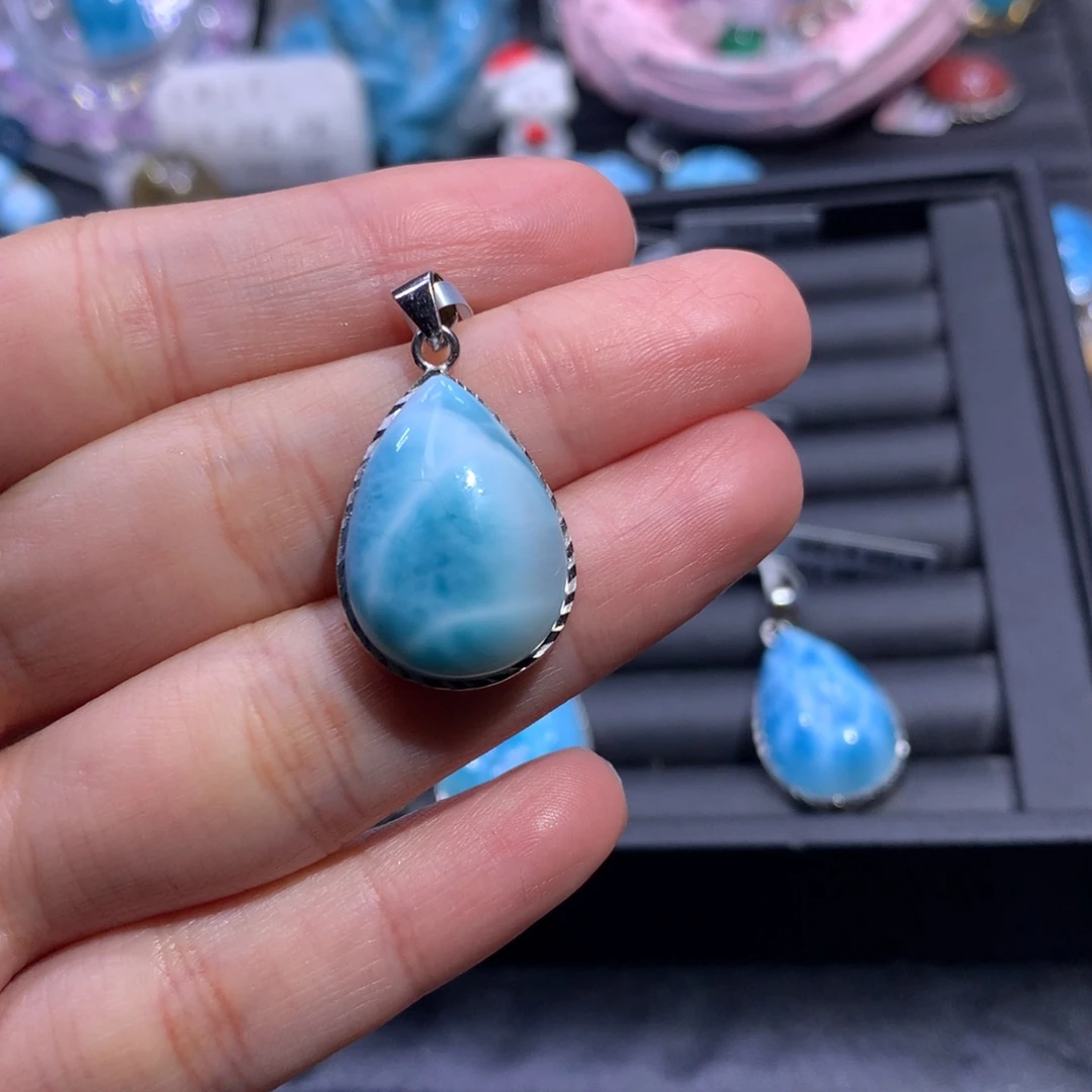 针钠钙石（海纹石）银S925镶嵌吊坠(不含链)水滴吊坠色差略异