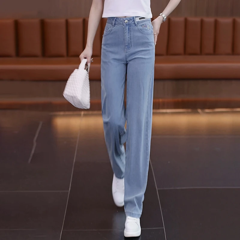 哥弟阿玛施正高腰夏季褶皱直筒裤天丝牛仔裤女薄款休闲裤宽松显瘦