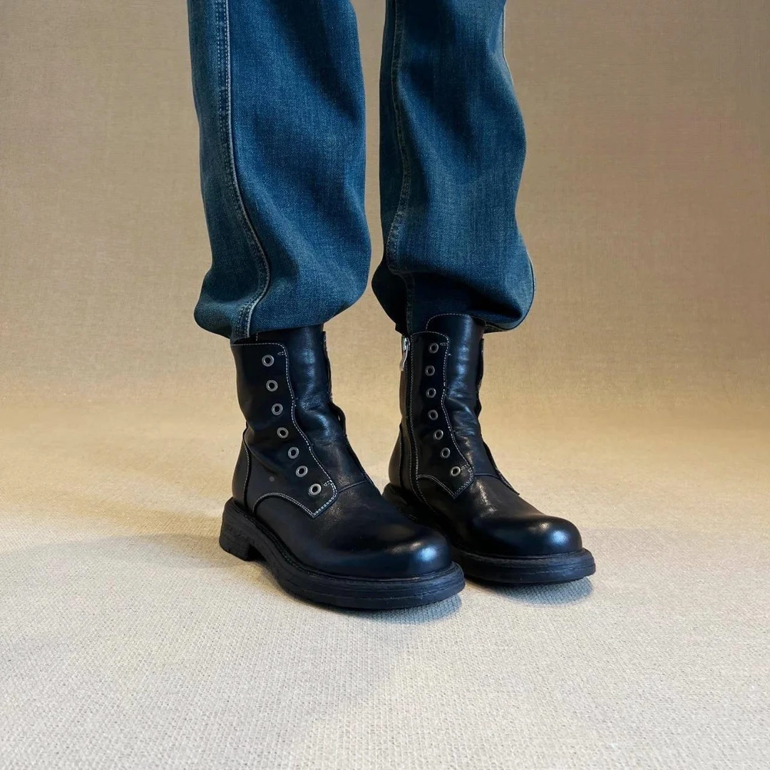 【CBMT旗舰店】CBMT~英伦风厚底圆头机车风小短靴女水洗皮粗跟侧