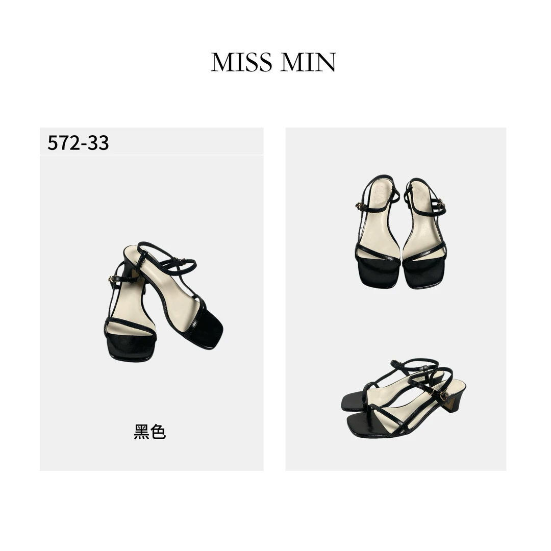 572-33 新款复古高跟韩版时尚百搭中跟一字扣带凉拖鞋MISS MIN