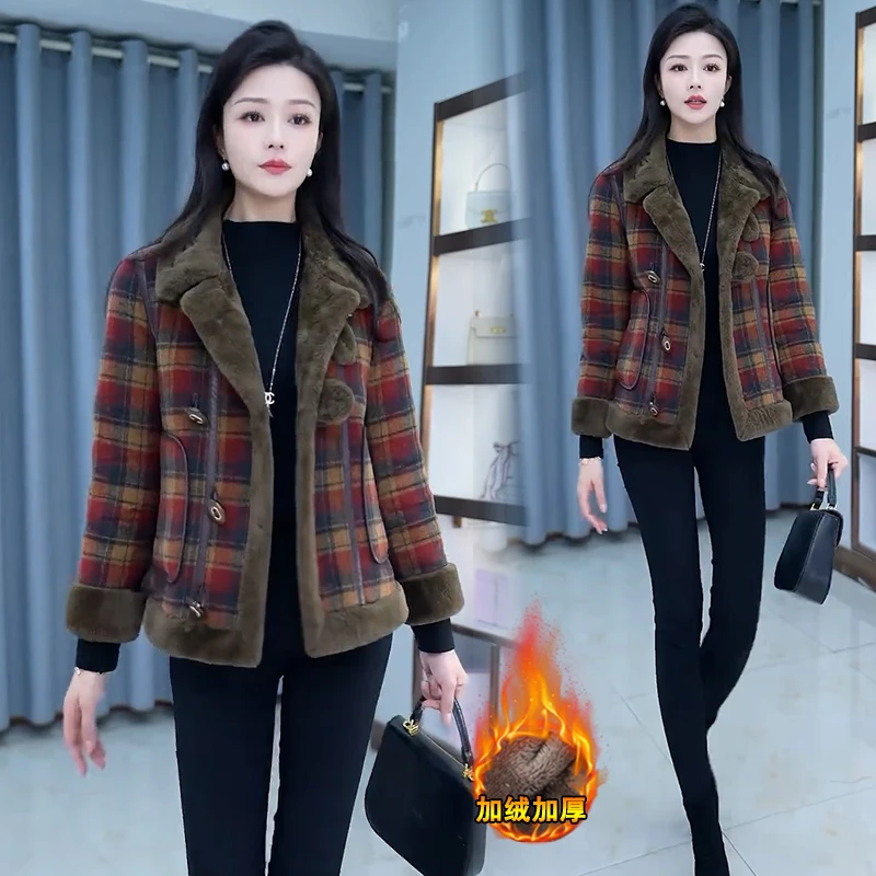 加绒加厚格子毛呢外套女2024冬季新款洋气显瘦百搭保暖呢子大衣