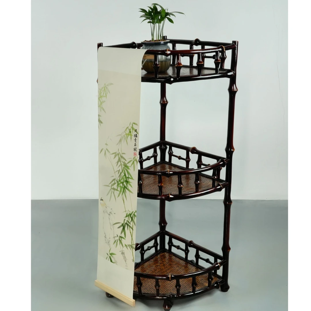 筇竹置物架花架收纳架中式复古家用架子客厅墙角架古典三层置物架