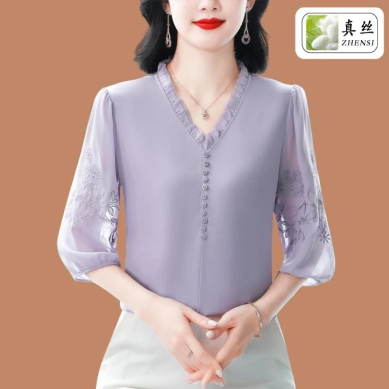 杭州高端大牌真丝衬衫女士七分袖时尚小衫夏季新款缎面桑蚕丝上衣