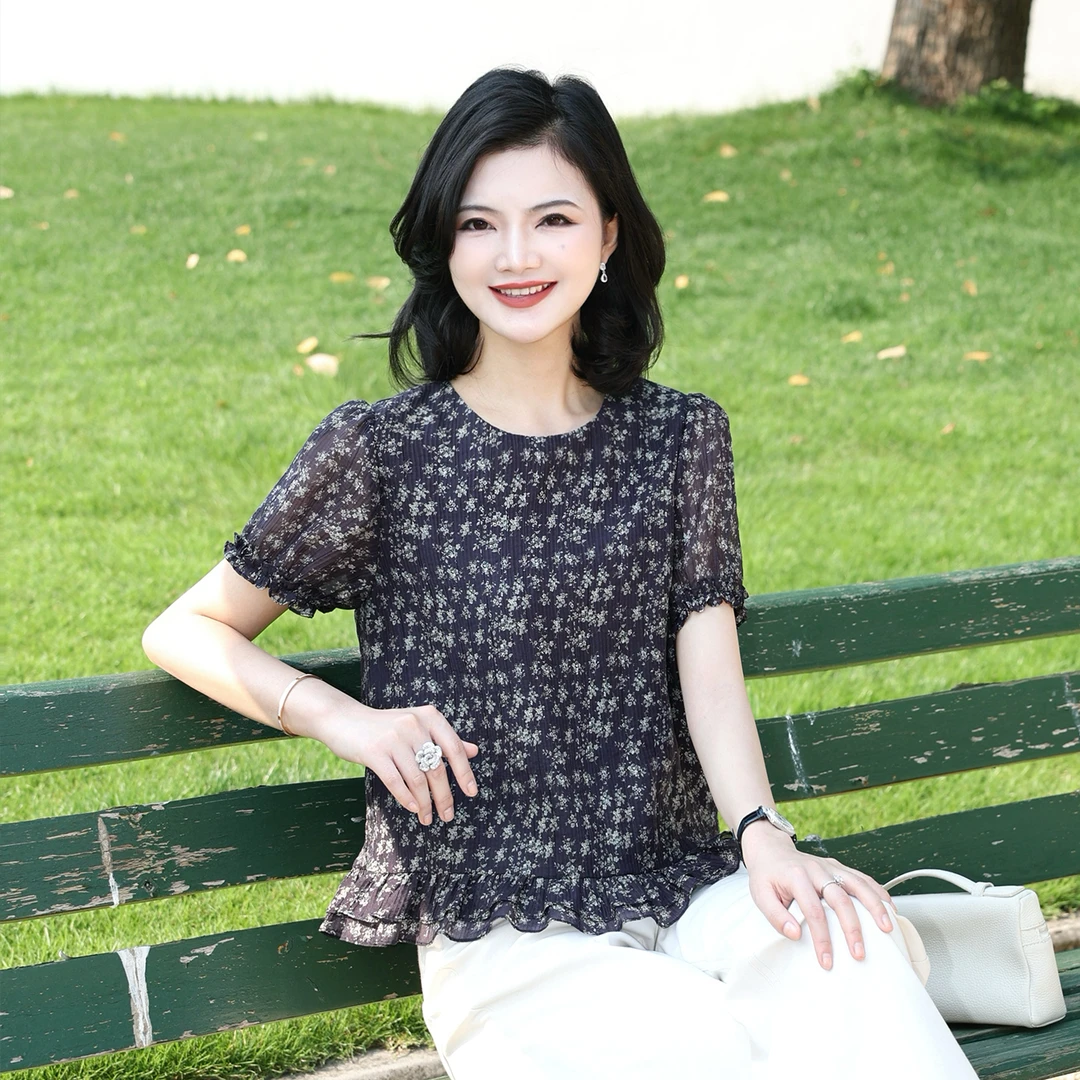 阿楠anan 微风叠影 莱赛尔时尚圆领碎花荷叶边薄款夏季洋气小衫女