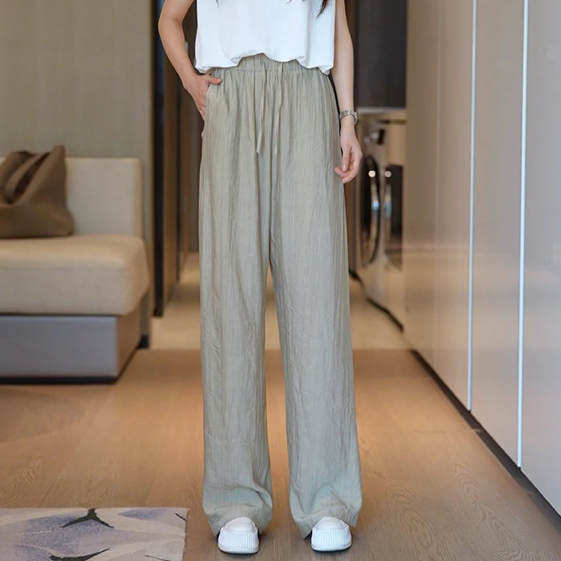 冰丝阔腿皱皱裤女夏季薄款高腰慵懒肌理感休闲直筒凉凉褶皱山本裤