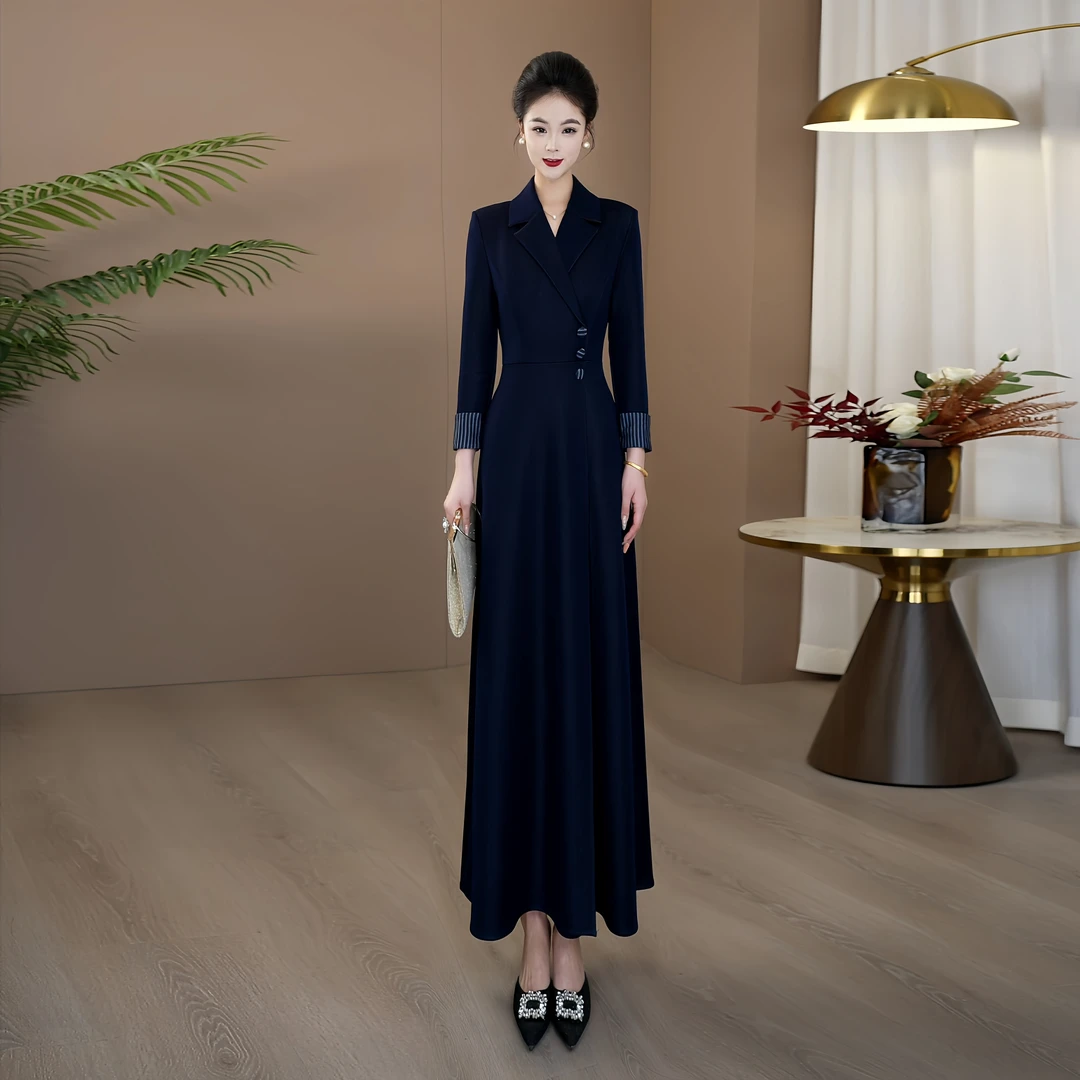 早秋复古丹宁蓝高端大气款式2025秋季新款收腰显瘦大摆连衣裙179