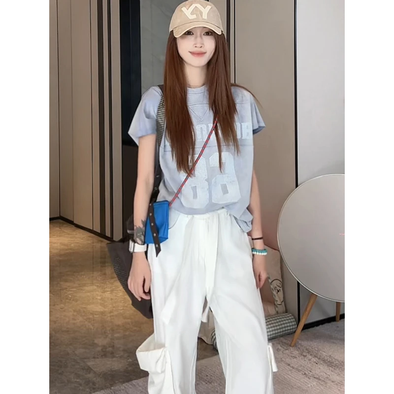 「褪色时间」不理理夏季新款小众女装水洗蓝色做旧印花短袖T恤