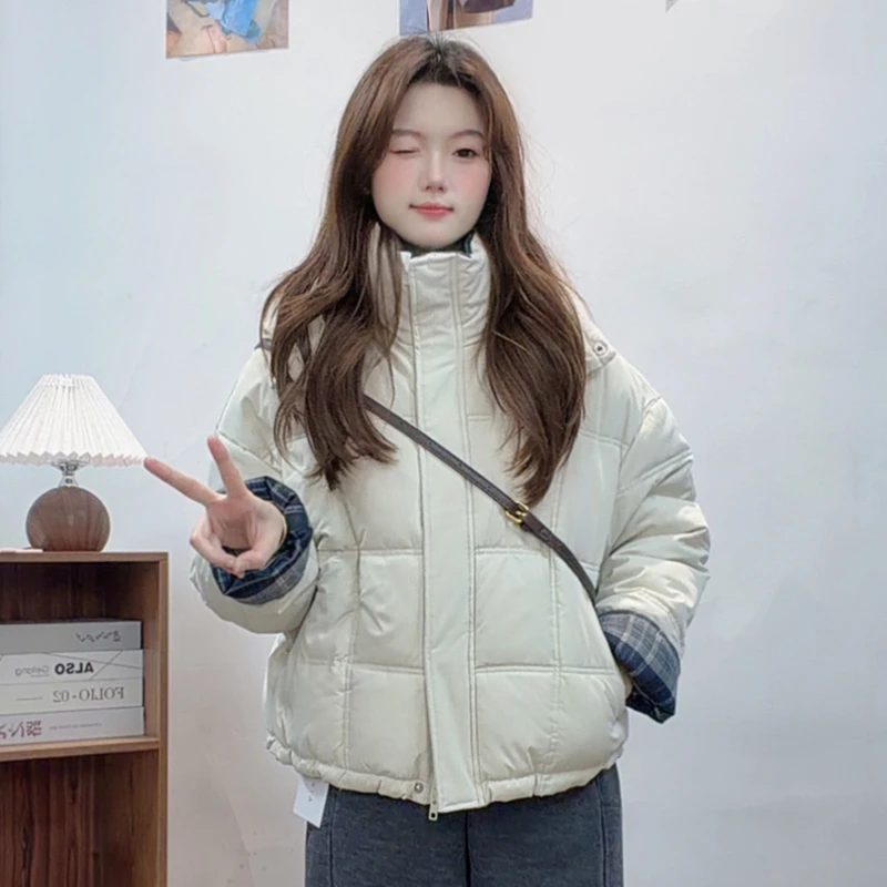 拼接格棉服女冬2025新款加厚保暖棉衣立领外套夹棉面包服T椰-*8